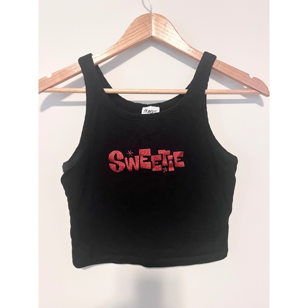 Princess Polly Sweetie Glitter Graphic Crop Tank Top Black Red Womens Size 6